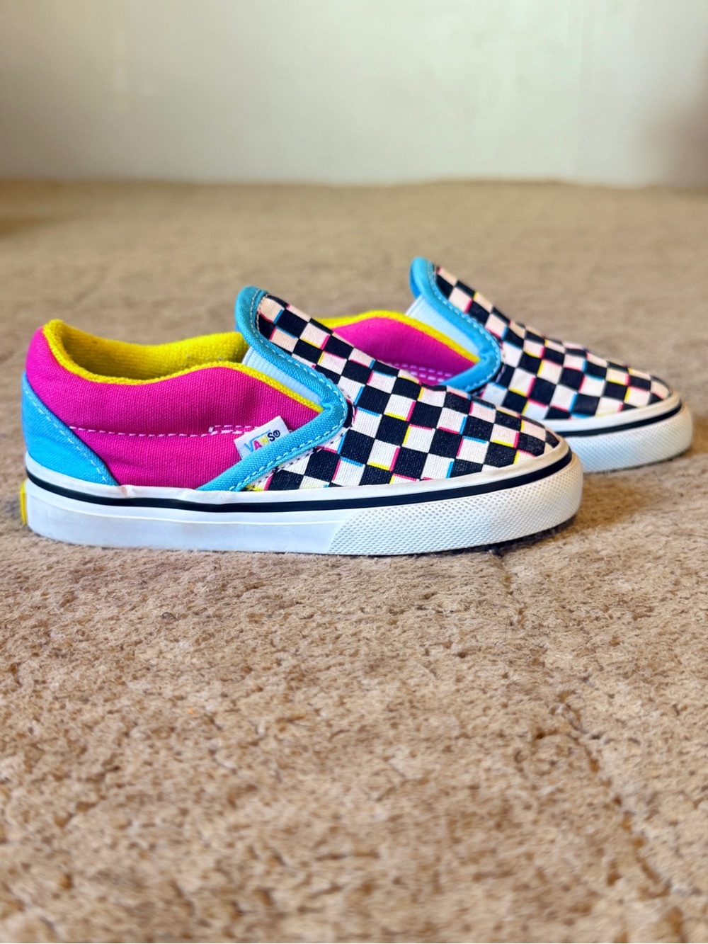 Vans Kids Classic Slip-On Checkerboard Sneakers - Pink/Blue/Yellow.